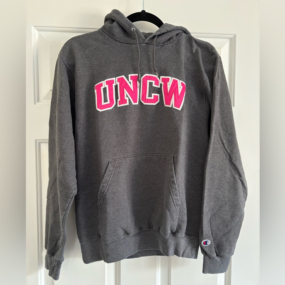 Champion Dark Gray Hoodie with Pink UNCW Design